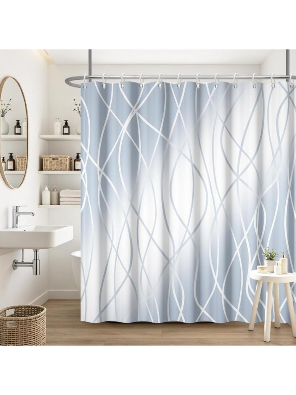 Ombre Light Blue Geometric Shower Curtain Set with Hooks - Modern Minimalist